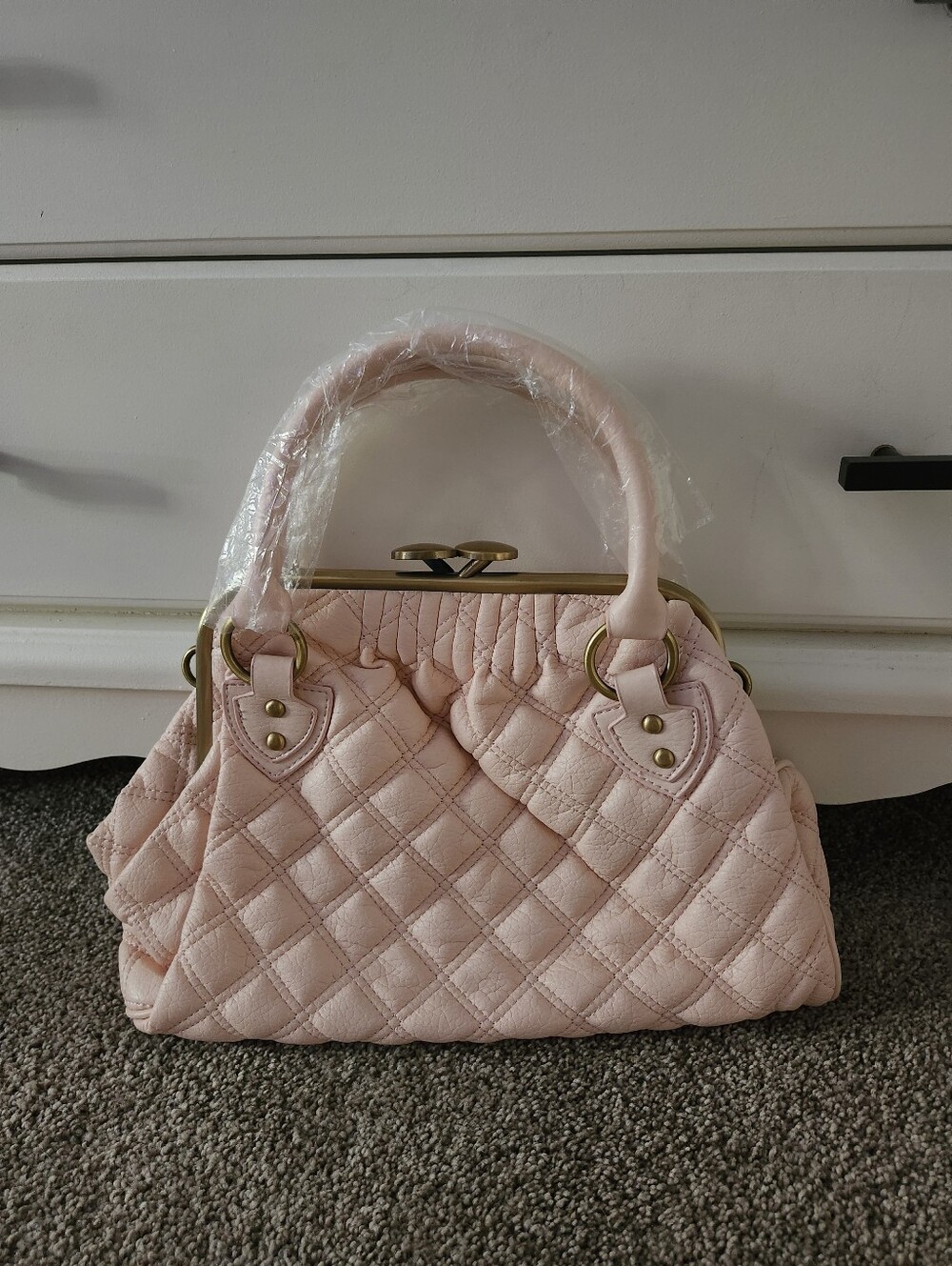 Quilted Pink Frame-Top Satchel Bag